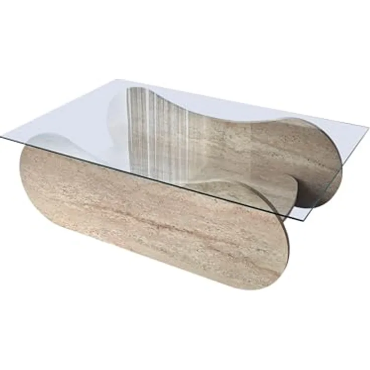 Modern Coffee Table, 105 cm Width, 35 cm Height, 65 cm Depth | 100% Tempered Glass & Melamine Coated Frame | Elegant Travertine & Transparent Design