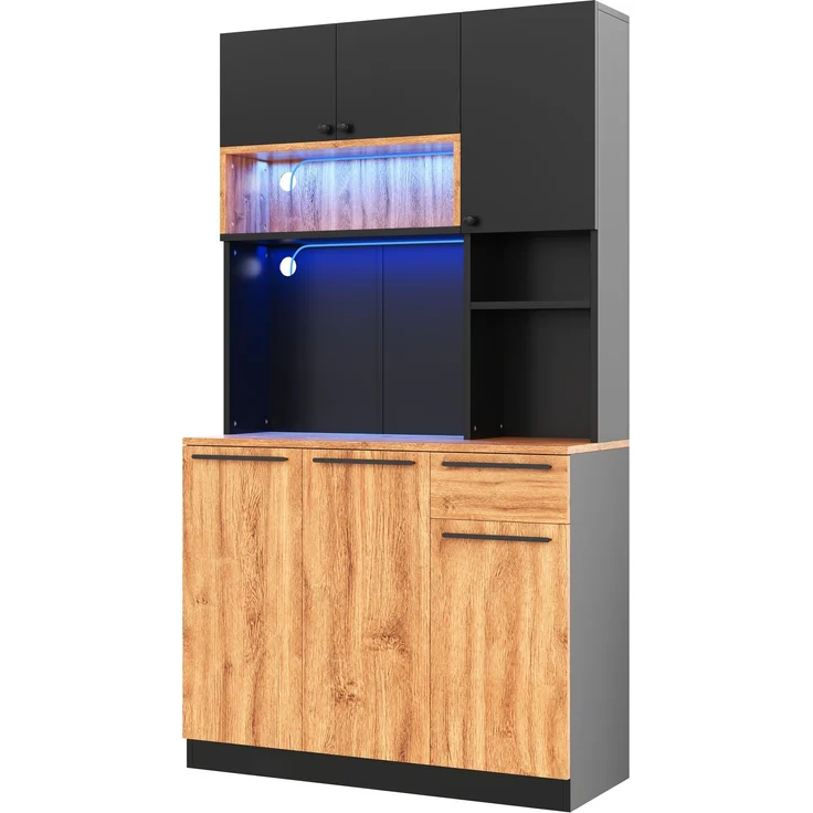 ZUBALIYA Buffetschrank 100x40x180 cm, mit LED-Beleuchtung, mit Steckdosen, mit 6 Türen, aus MDF, Natur – Bild 12