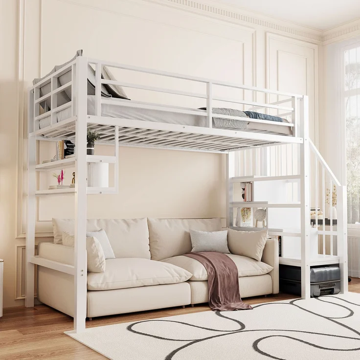 Kinder Hochbett 90x200 cm Metall mit Regalen Stauraum Leiter und Spielbereich unter dem Bett Weiss – Bild 4