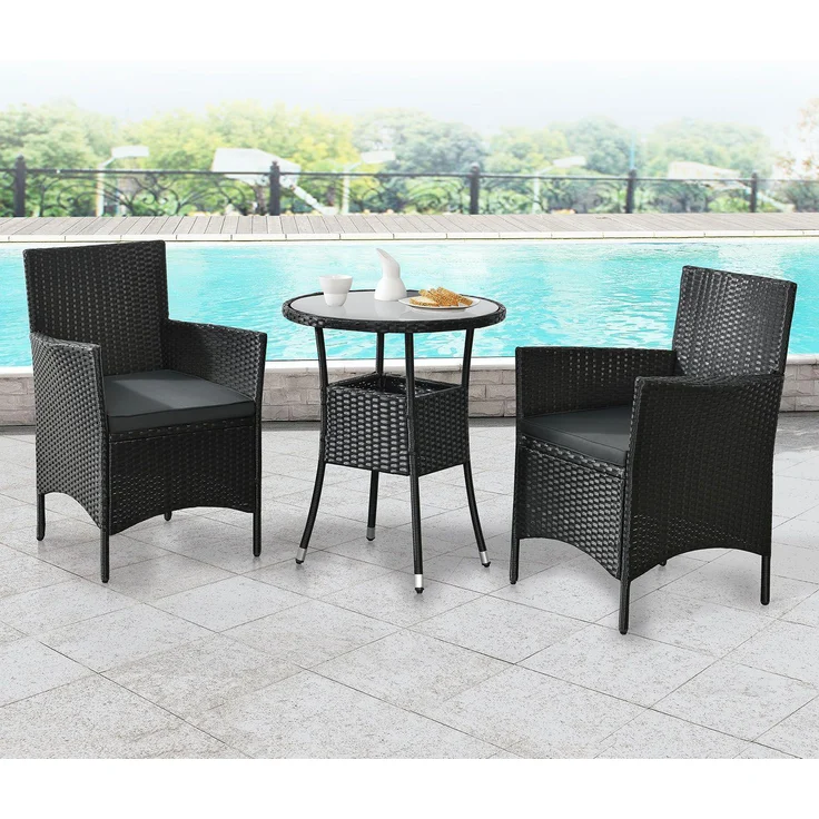 Juskys 'Bayamo' Balkon-Set für 2 Personen – Tisch, 2 Stühle mit Auflage, Polyrattan schwarz / grau – Bild 2
