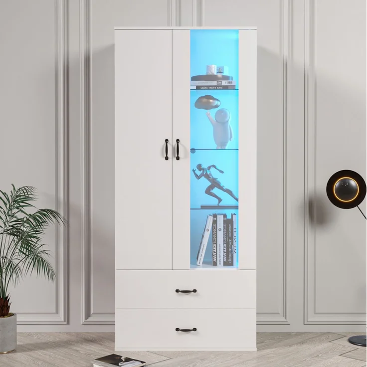 DESVIAE Vitrine mit LED-Beleuchtung und 2 Schubladen, 59,5x182x35 cm, Spanplatte, Weiß – Bild 2