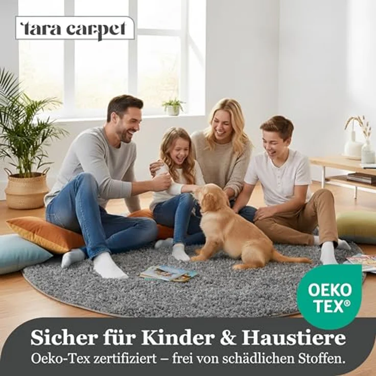 TaraCarpet Langflor-Teppich Venezia Shaggy, rund, Höhe: 35 mm, Hochflor Shaggy Uni Anthrazit Wohnzimmer Schlafzimmer 080x080 cm – Bild 5