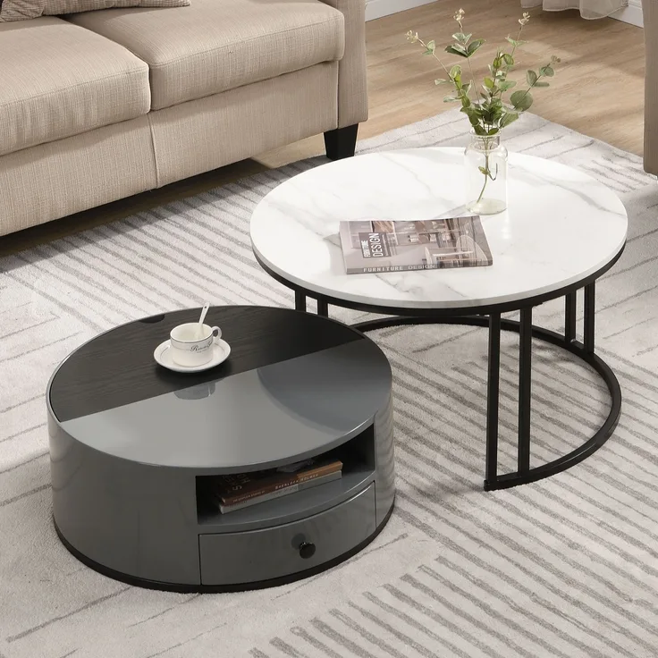 Merax Couchtisch und Beistelltisch mit Schublade und versteckten Stauraum, Patchwork-Design / Marmoroptik, MDF, Schwarz / Grau / Weiß, Ø 70x40 cm / Ø 60x25,5 cm
