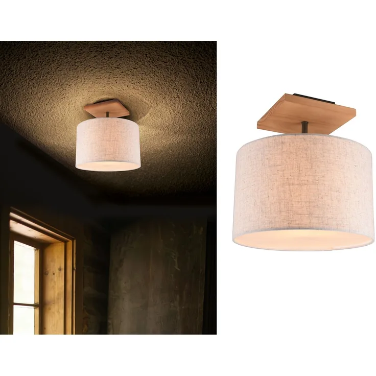 LED Deckenleuchte mit Stoffschirm in Beige und Naturholz Sockel, Ø 36cm