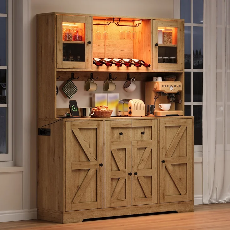 Küchenschrank, hoher Schrank mit LED-Beleuchtung und Steckdosen, Vorratsschrank mit Acrylglastüren, Weinregalen und Weinglashaltern, Vitrinenschrank für Wohnzimmer & Esszimmer, 140 × 40 × 173 cm--Natürlich--140x40x173cm--YOUDENOVA – Bild 7