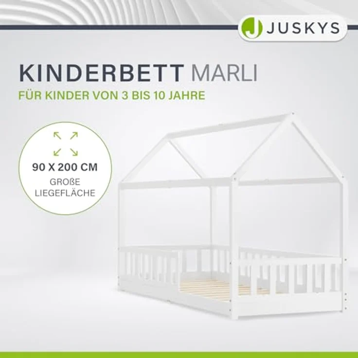 Juskys Kinderbett Marli 90 x 200 cm mit Matratze, Rausfallschutz, Lattenrost & Dach - Massivholz Hausbett für Kinder - Bett in Weiß – Bild 4