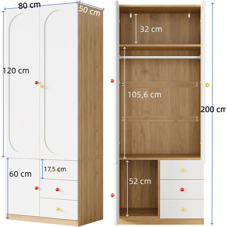 [ Old Sku:N883P33143940CB] Kleiderschrank-Set, Kombinationsmöbel aus 2-türigem Kleiderschrank und Ablageregal, Schlafzimmermöbel, Weiß und Holzoptik--Weiß+Natur--130x50x200cm--YOUDENOVA – Bild 9