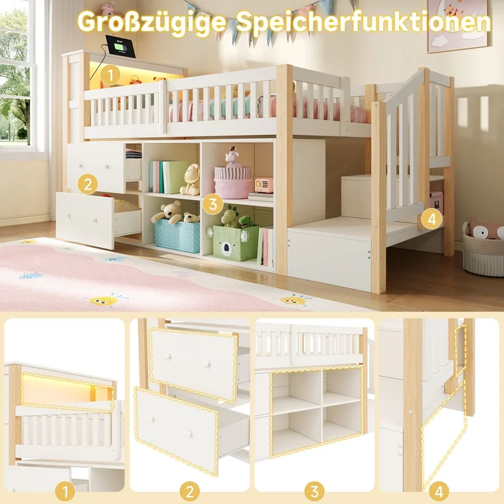 Hochbett, 90 x 200 cm, mit Schubladen, Staufächern, trapezförmigem Schrank, LED-Beleuchtung, Matratze nicht enthalten,Natur – Bild 6