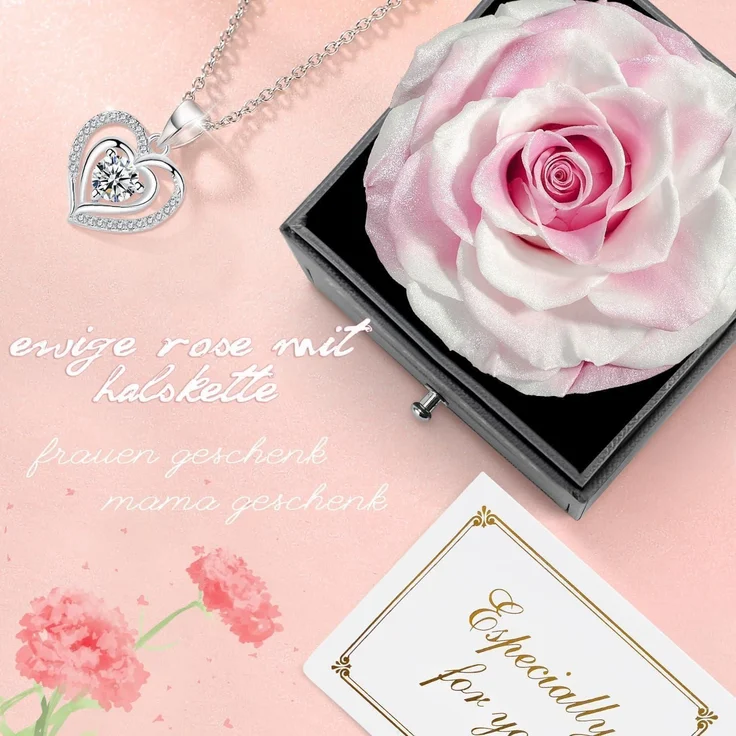 Ewige Rose Geschenkbox 925 Silber Halskette Ohrringe Set White Pink – Bild 2