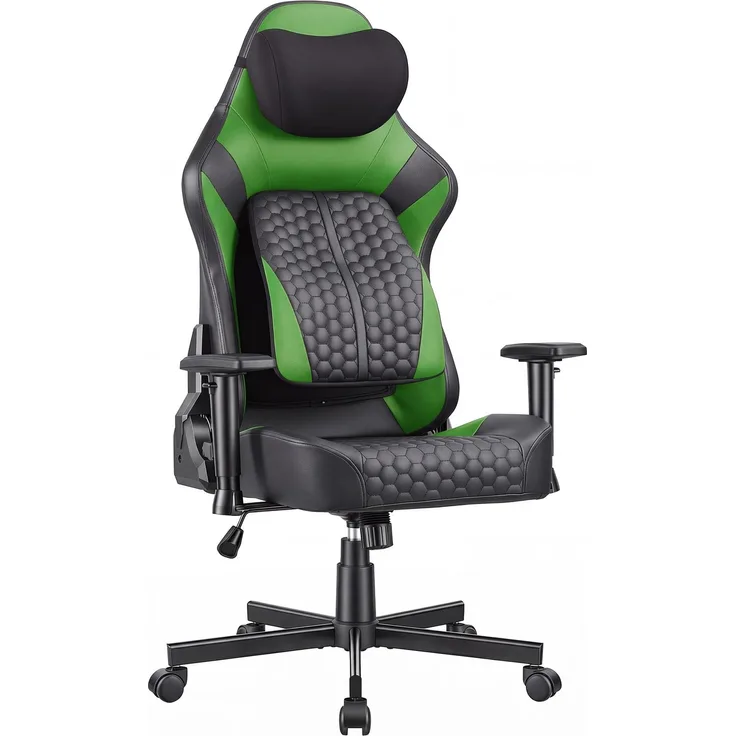 JUMMICO Gaming-Stuhl mit Verstellbarer Lendenwirbelstütze & 2D-Armlehnen, 90-140° Neigbar, Ergonomischer Computerstuhl aus Kunstleder, Atmungsaktiver Bürostuhl für Gamer & Büro, 150 kg, Grün