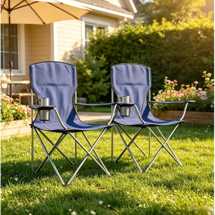 Campingstuhl-Set aus 2, Oxford 600D, klappbar mit Becherhalter, 88x57x97 cm, Blau – Bild 2