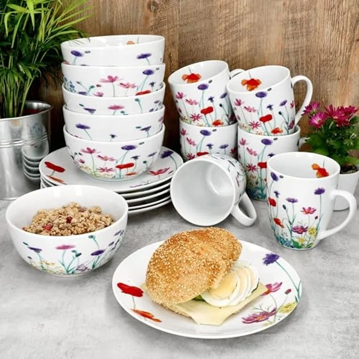 MamboCat Frühstücks-Geschirrset 12tlg Frühstücksset Marie Porzellan 6 Personen Teller Becher Schale, Porzellan – Bild 5
