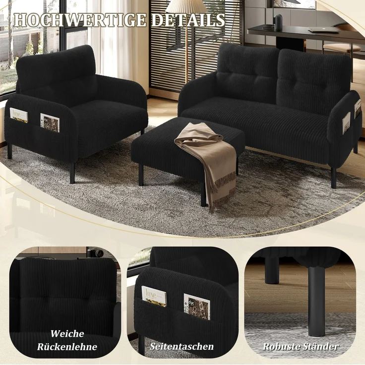 Sofaset aus Cord, 3-teilig mit Sessel, Hocker & 2-Sitzer, 120 x 75 x 79 cm, schwarz – Bild 7