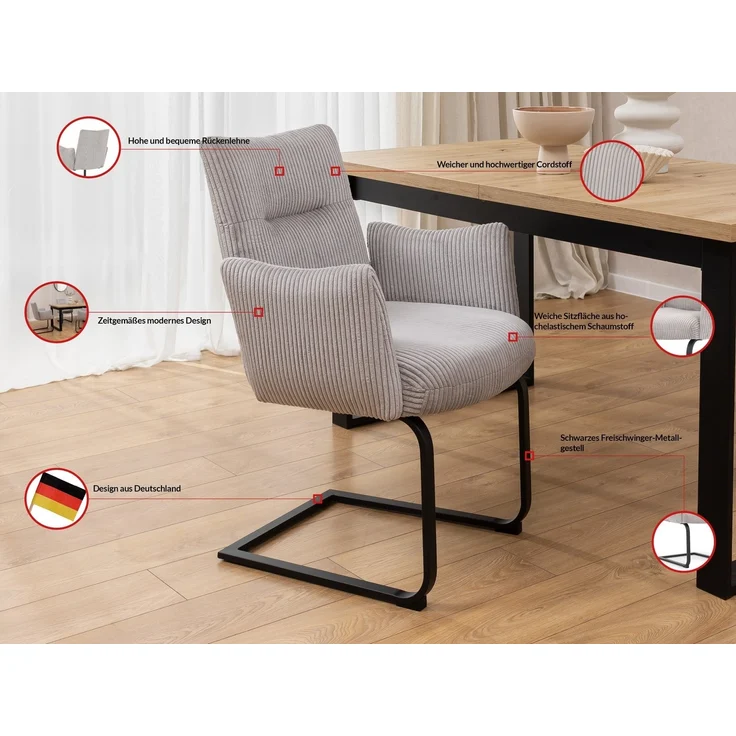 S-Style Möbel Polsterstuhl 2er Set Hera aus grauem Cord mit Freischwinger-Gestell aus Metall – Bild 3