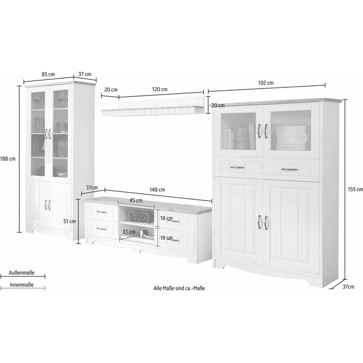 OTTO home Wohnwand Trinidad, (Set, 4-St), Set aus 1 Vitrine, 1 Lowboard, 1 Highboard, 1 Wandboard – Bild 3