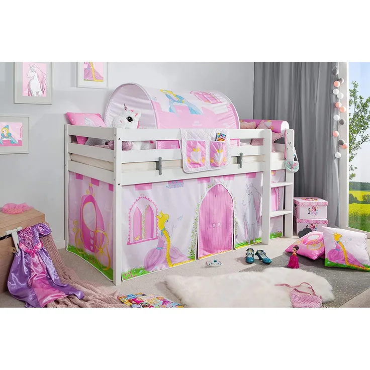Hochbett "Prinzessin Liora" 90x200 inkl. Zubehör Kiefer massiv weiß