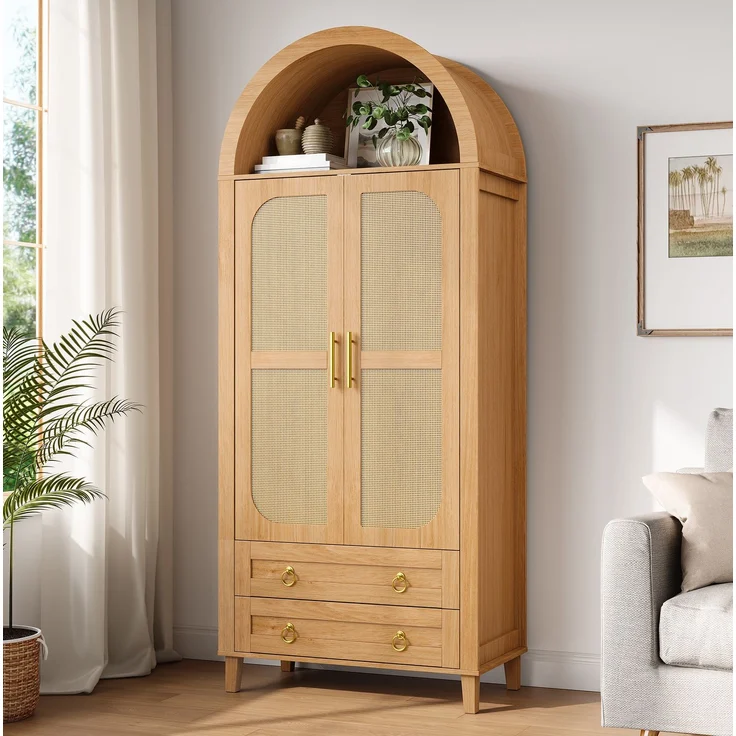 Kleiderschrank 76 x 50 x 184 cm in Natur mit Rattan-Dekor und App-gesteuerter LED-Beleuchtung – Bild 1