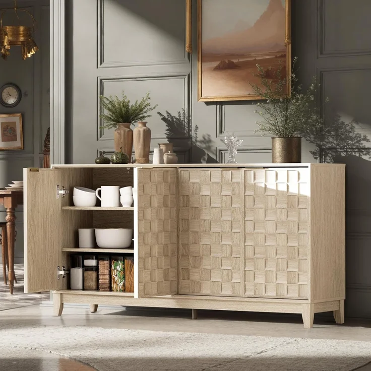 COLAMY Sideboard mit Riffel-Optik und Stauraum – Massivholz Anrichte für das Esszimmer, Schrank-Konsole mit verstellbaren Regalböden, Walnuss-Optik, Mid-Century-Moderne Stil, Eiche Weiß – Bild 5