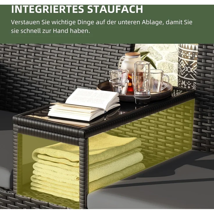 Aoxun 2-Sitzer-Gartenbank aus Rattan, extrabreite Outdoor-Zweisitzerbank mit seitlichem Ablagetisch 144x62x80cm, bequemes Terrassenmöbel-Set mit Kissen und Regenschutz für Garten, Balkon, Dunkelgrau – Bild 2