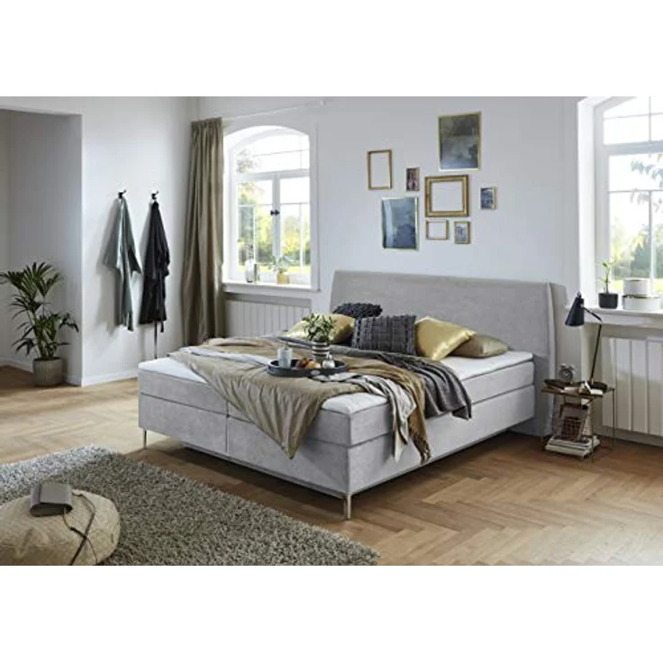 Atlantic Home Collection Boxspringbett LYNN, 180x200 cm, inkl. Bettkasten beidseitig und Topper (Härtegrad H2), hellgrau, ovales Kopfteil – Bild 2