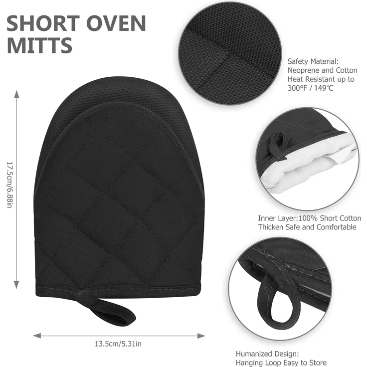 1 Paar kurze Ofenhandschuhe – Silikon-Ofenhandschuhe für die Küche, temperaturbeständig bis 260 °C, Mini-Ofenhandschuhe mit rutschfester Grifffläche und Aufhängeschlaufe zum Grillen, Backen, Kochen und BBQ (schwarz) – Bild 3
