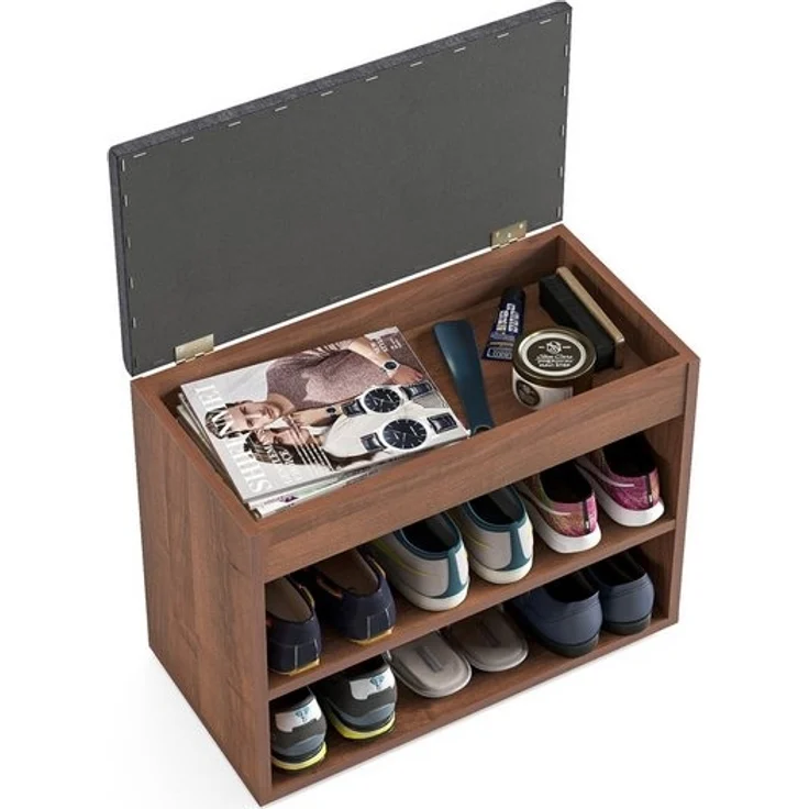 KOMTO Schuhschrank Schuhbank mit Sitzfläche Schuhregal Bank Sitzbank Flur Bank Sofia Nussbaum 60 x 48 x 32 cm – Bild 4