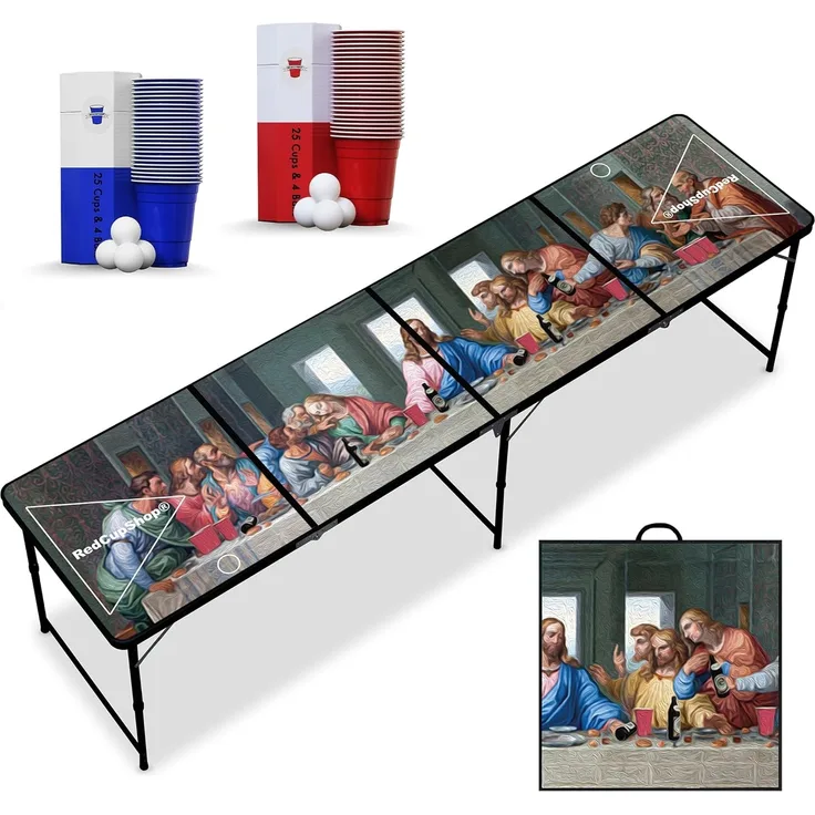 RedCupShop® 'Abendmahl' Bierpong Tisch, inkl. 50 Bechern und 8 Bällen, klappbar, tragbar, wasserabweisend & kratzfest, Aluminium / MDF, 240 x 60 x 70 cm