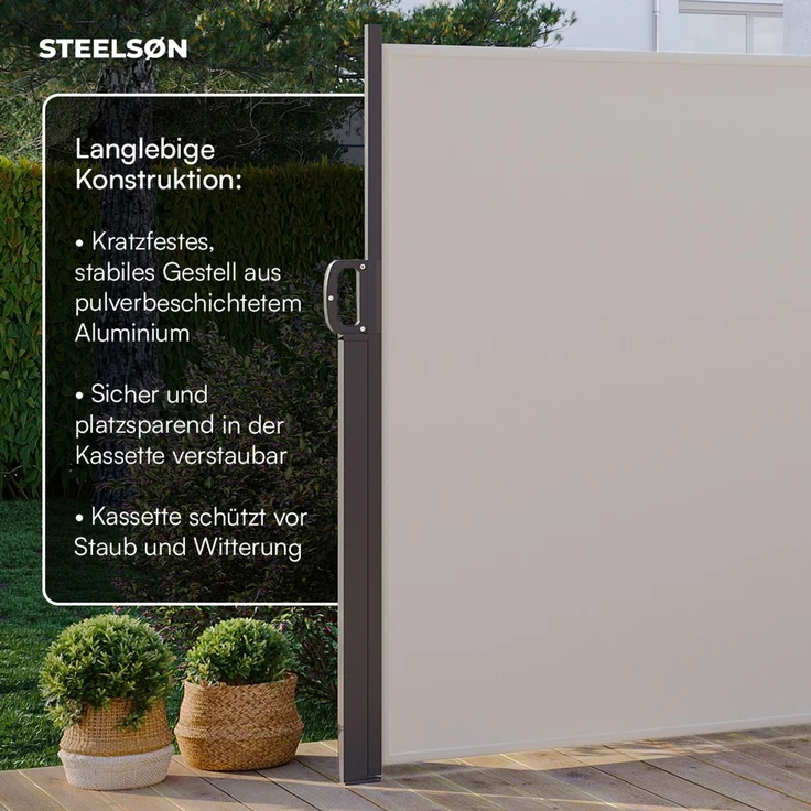 STEELSØN 'Zirella' Seitenmarkise mit Aluminium-Kassette, ausziehbar, 180x300 cm, beige/anthrazit, Windschutz, wetterfest und blickdicht – Bild 4