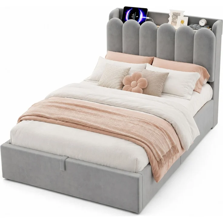 CHICFURN Polsterbett aus Samt grau 90x200 cm mit Bettkasten, LED-Beleuchtung und USB- und Type-C-Anschlüssen – Bild 7