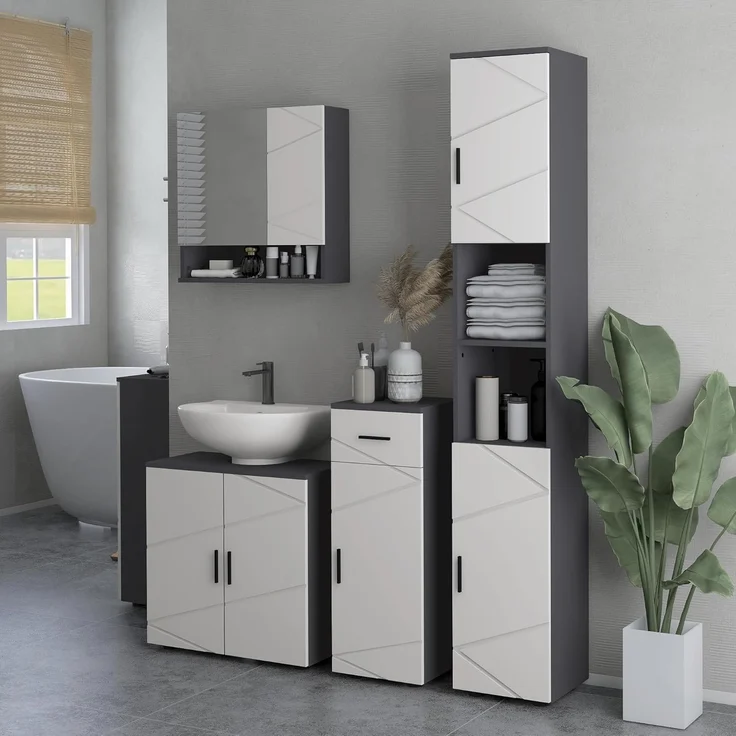Kleankin Badkommode Badezimmerschrank mit Schublade, Verstellbar Ablagen (Badschrank, 1 St, Aufbewahrungsschrank), für Badezimmer, Wohnzimmer 30 x 30 x 82 cm Grau – Bild 7