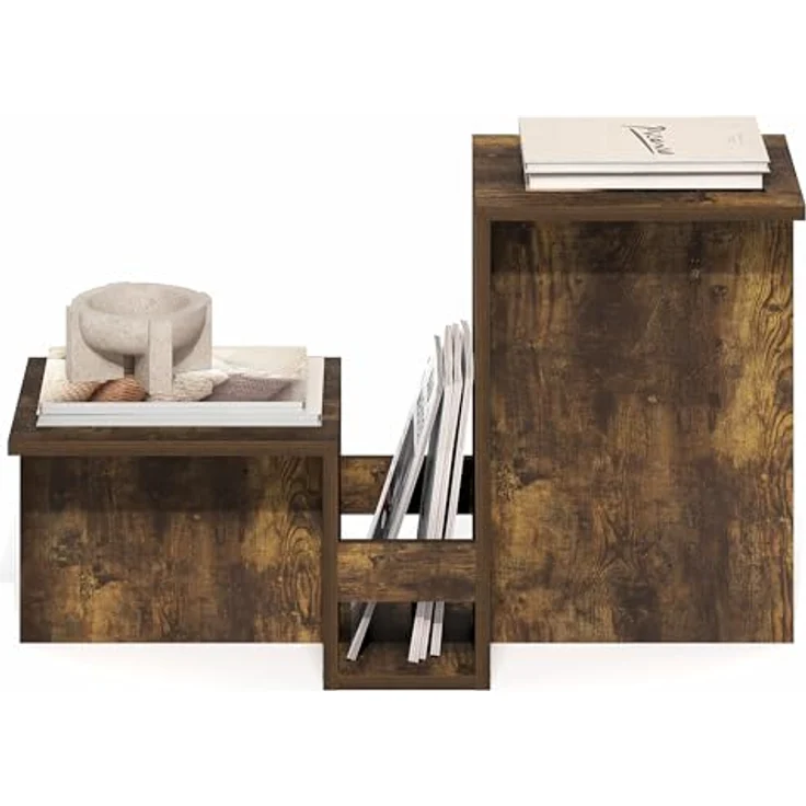 Furinno BOYATE Beistelltisch, talförmiger Beistelltisch mit gestuften Ablageflächen und Zeitschriftenhalter, für das Wohnzimmer, Bernstein-Kiefer – Bild 4