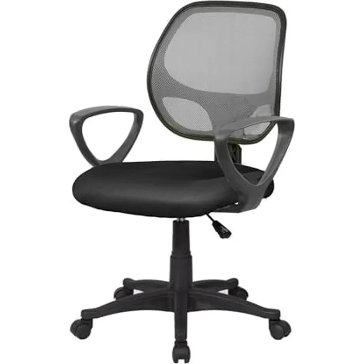 Dmora - Stuhl mit Rädern Geraldton, Mesh-Arbeitsstuhl mit Armlehnen, ergonomischer Bürositz, 56x57h88/100 cm, Schwarz und Grau