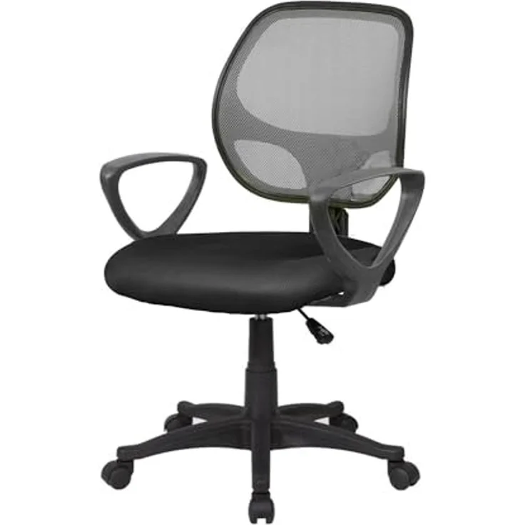 Dmora - Stuhl mit Rädern Geraldton, Mesh-Arbeitsstuhl mit Armlehnen, ergonomischer Bürositz, 56x57h88/100 cm, Schwarz und Grau – Bild 1