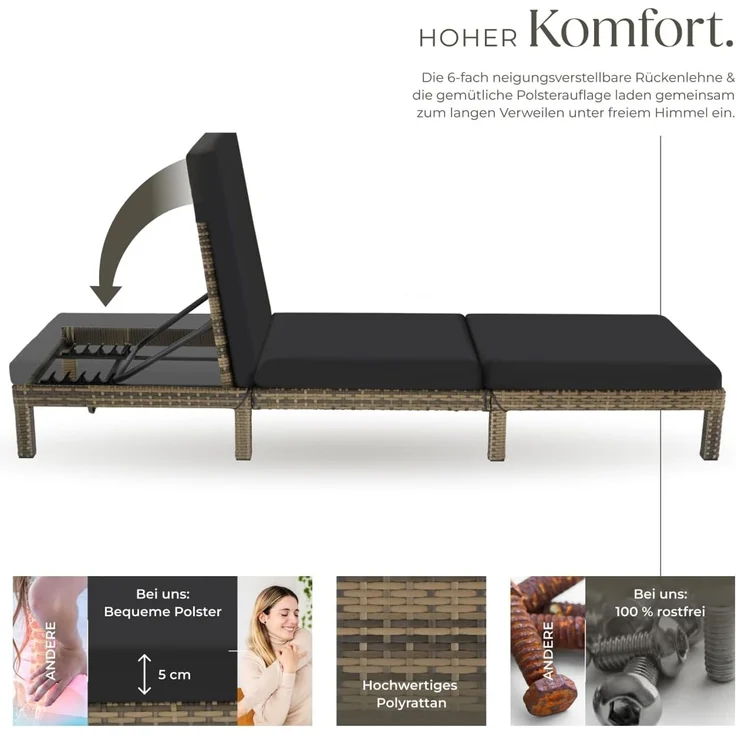 tectake® Polyrattan Sonnenliege mit 6-Fach höhenverstellbarer Rückenlehne, Outdoor Daybed mit bequemer Polsterauflage, Gartenliege Rattan für drinnen und draußen, pflegeleicht und stabil - Natur – Bild 5