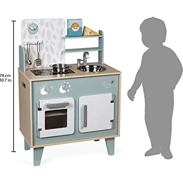 Janod - Küche ‘Plume’ - Kinderküche aus Holz mit Backofen, Edelstahlspüle, Schrank, Induktionskochplatten und Uhr - Spielküche mit 5 Zubehörteilen - Ab 3 Jahren, J06608 – Bild 11
