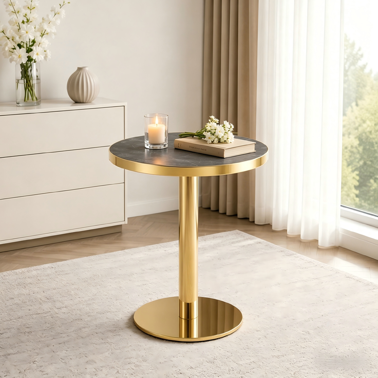 Beistelltisch 59,5cm×59,5cm×73,5cm mit Marmoroptik und Goldrand – runder Tisch aus MDF in Grau-Gold