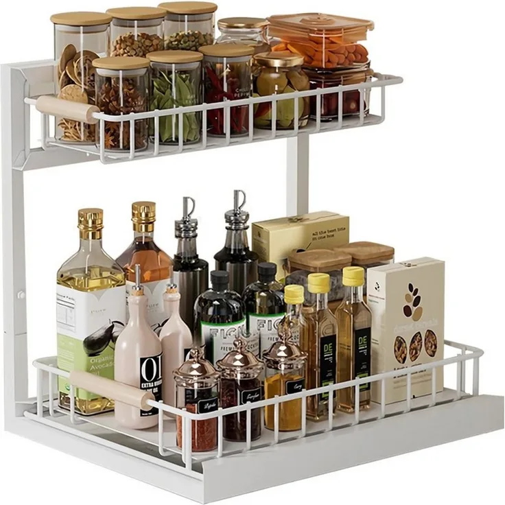 Rhein Beleuchtung Küchenorganizer-Set L-Design Küchenunterschrank Organizer Regal Weiß, 2-stufig, (Set, 1-tlg, Küchen Organizer & Küchenregal für Bad/Küche – kompakt & robust), Ausziehbarer Schrank Organizer – ohne Bohren & flexibel verstellbar