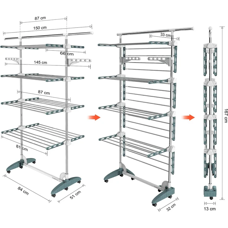 Todeco Wäscheständer Turm Klappbar, Wäscheturm 4 Ebenen aus Edelstahlrohre, Turmtrockner mit 6X Rollen, Ausziehbare obere Leiste, Flügel, Mobiler Turmwäscheständer für Wäscheraum Badezimmer, Blaugrün – Bild 6
