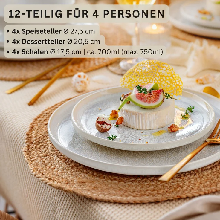 SÄNGER Steingut Geschirrset Korfu, Tafelservice 12 teilig für 4 Personen – Bild 2