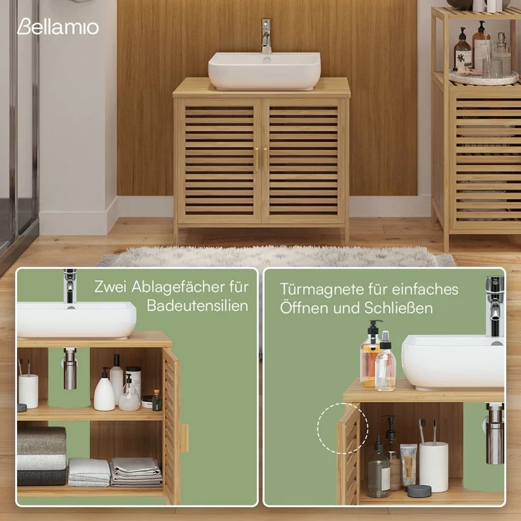 Bellamio 'Newa' Badezimmer Waschbeckenunterschrank, Bambus, natur, 60x33x65 cm, Badezimmerschrank mit 2 Ablagefächern – Bild 5