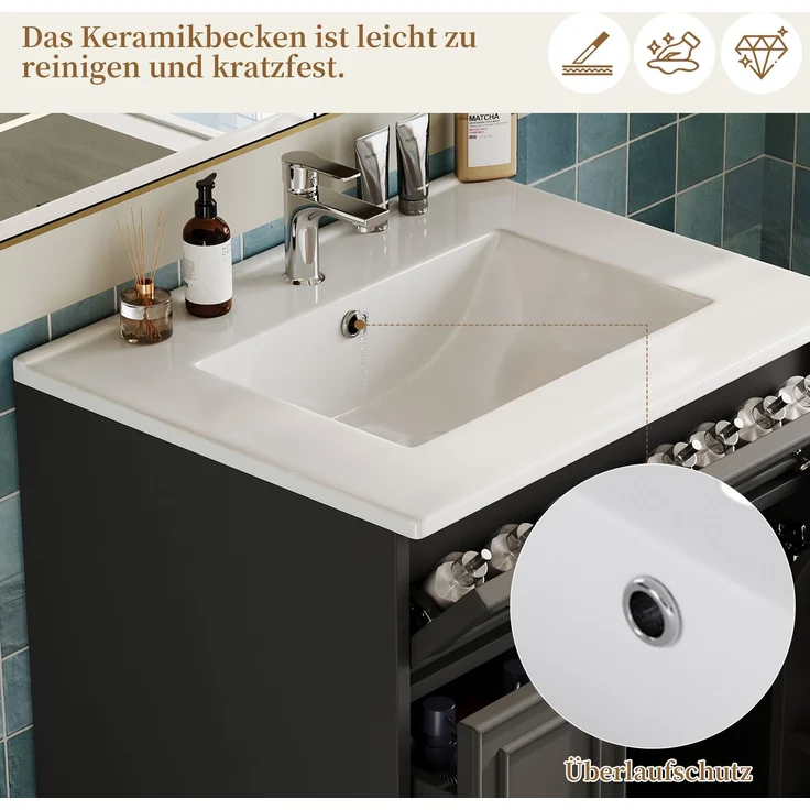 61×47×87cm, freistehender Badezimmerwaschtisch, lackierte Oberfläche, integriertes Keramikbecken, Soft-Close-Scharniere, eingebaute Regale in den Schranktüren, runde Griffe, hohes Fußdesign, schwarz. – Bild 8