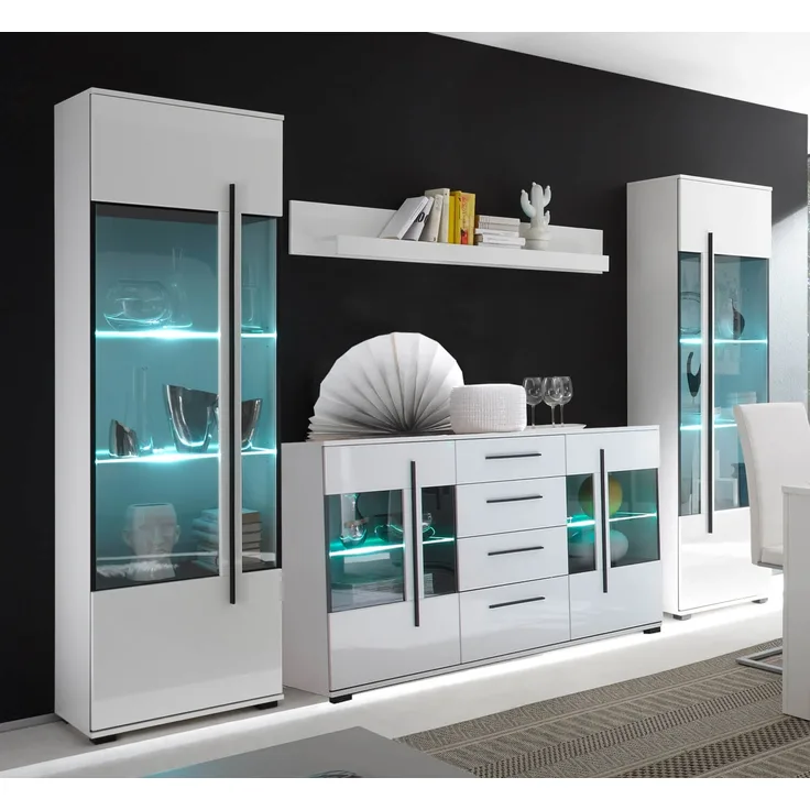 Wohnwand Anbauwand Cantara 4-teilig LED-Beleuchtung weiß Front MDF Hochglanz