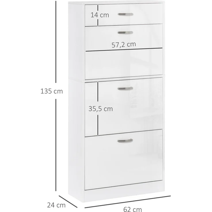 Schuhschrank – 3 Klapptüren und eine ausziehbare Schublade – Maße: 62 B x 24 T x 135 H cm, weiß – Bild 5