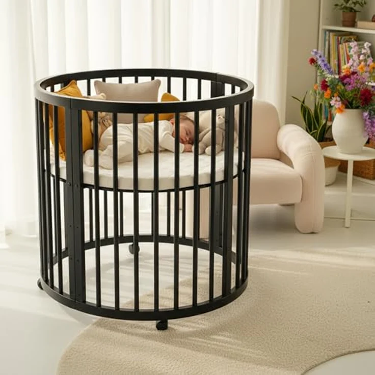 Deryan Willow Spielbox rund – Holz Laufstall für Babys – Inkl. Matratze – Schwarze Baby Playpen – Sicherer Indoor Spielplatz aus Holz - Schwarz – Bild 2