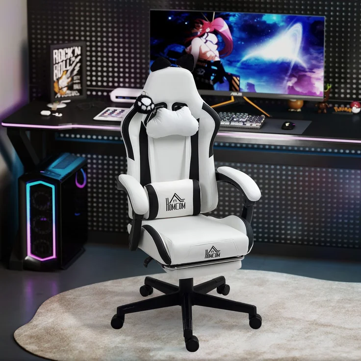 MELAYR, Ergonomischer Gaming-Stuhl mit Katzenohren, Gaming-Stuhl mit verstellbarer Rückenlehne, 65 x 62 x 124 cm, Weiß – Bild 4
