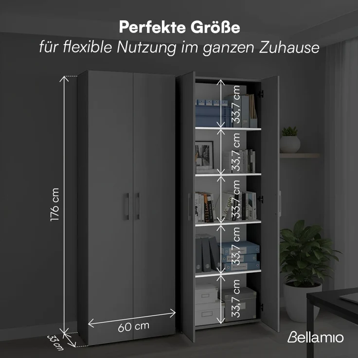 Bellamio 'Apol' Mehrzweckschrank, schwarz, 176x33x60 cm, Aktenschrank mit 5 höhenverstellbaren Ablagefächern – Bild 6