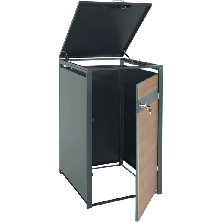 1er Mülltonnenverkleidung HWC-J82, Mülltonnenbox, erweiterbar, Metall 32kg, anthrazit ~ Kirsche-Holzoptik dunkelbraun – Bild 7