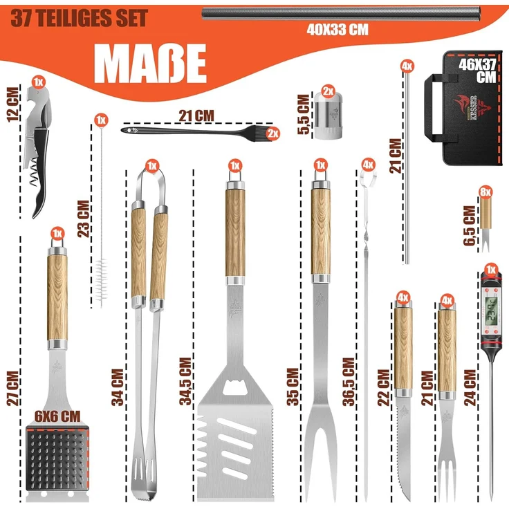 KESSER® Grillbesteck Set 37-teilig Grillzubehör aus rostfreiem Edelstahl Grillset mit Grillzange, Grillwender, 4in1 Grillspatel, Grillgabel, Grill-Spieß, Thermometer, Korkenzieher, Grillmatte & Tasche Beige – Bild 7