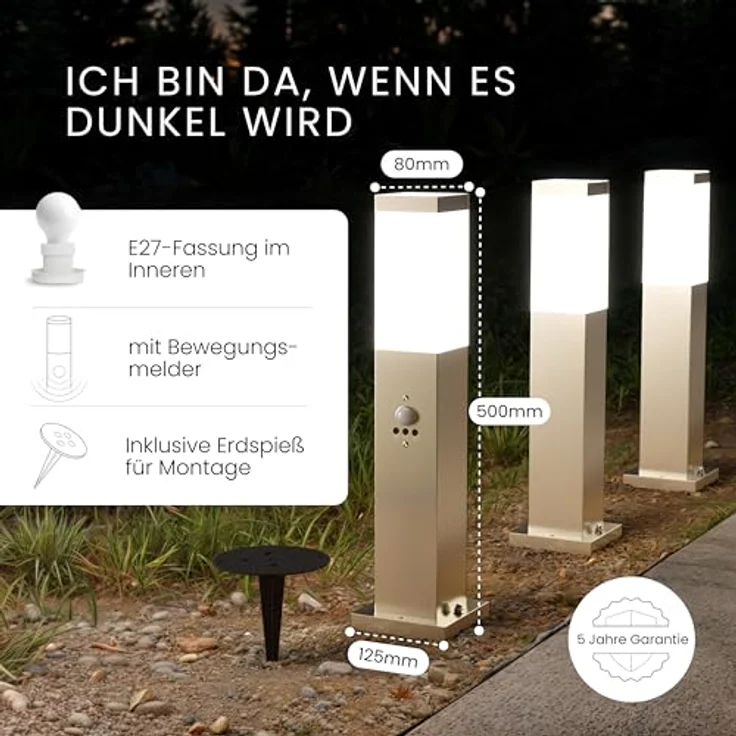 MATO Wegeleuchte mit Bewegungsmelder - inkl. Erdspieß, E27 Fassung, Höhe 50 cm - Outdoor Pollerleuchte aus Edelstahl IP44 - Wegleuchten Außen, Sockelleuchte, Standleuchte, Gehwegleuchten Außen – Bild 3