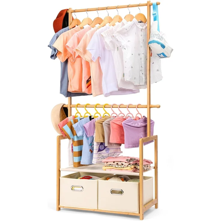 Yorbay Kleiderständer Kinder Kleiderständer aus Bambus, 74 x 35 x 140cm, Kinderregal, (Mit 2 Boxen, Kleiderstange, Kinder offnene Kleiderschrank), Garderobenständer für Kinder, Kinderzimmer und Schlafzimmer